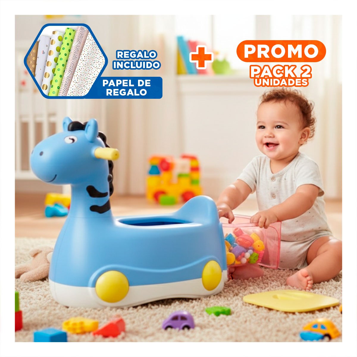 PACK2 CONTENEDOR INFANTIL JIRAFA CON RUEDAS AZUL COMODO Y PRATICO PARA USO Y+PAPEL REGALO - 1