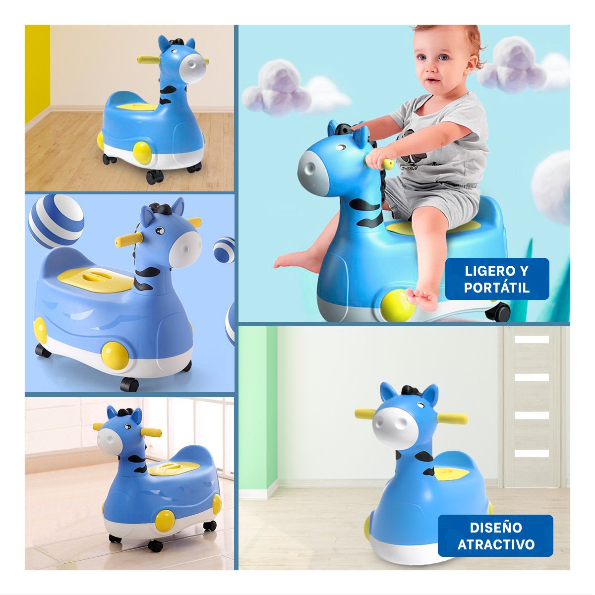 RECIPIENTE COMODO JIRAFA CON RUEDAS AZUL RESISTENTE Y LIGERO PARA CASA Y+LIGAS REGALO - 5