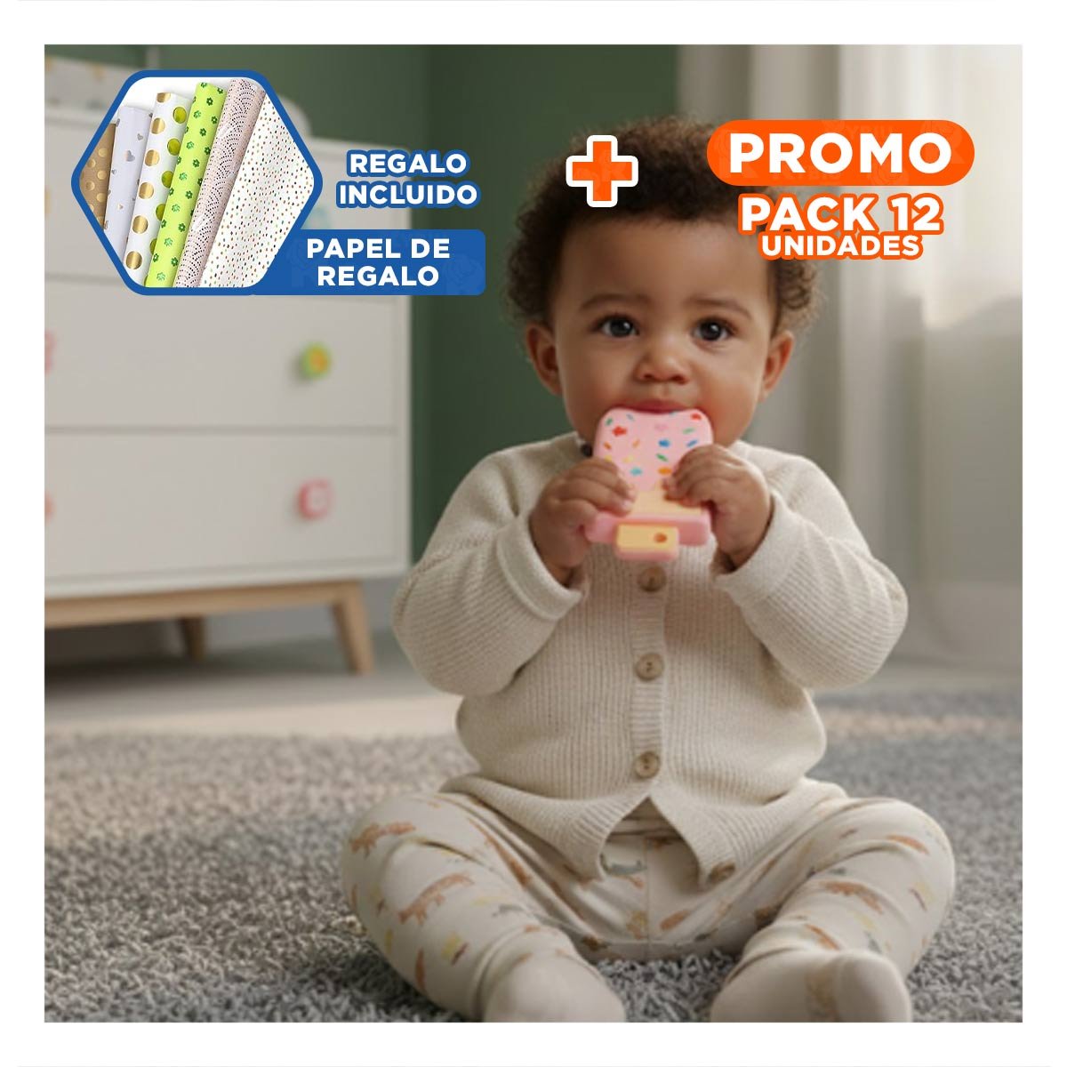 PACK12 MORDEDOR DE SILICONA CON FORMA DE HELADO ROSADO CLARO DIVERTIDO Y+PAPEL REGALO - 1