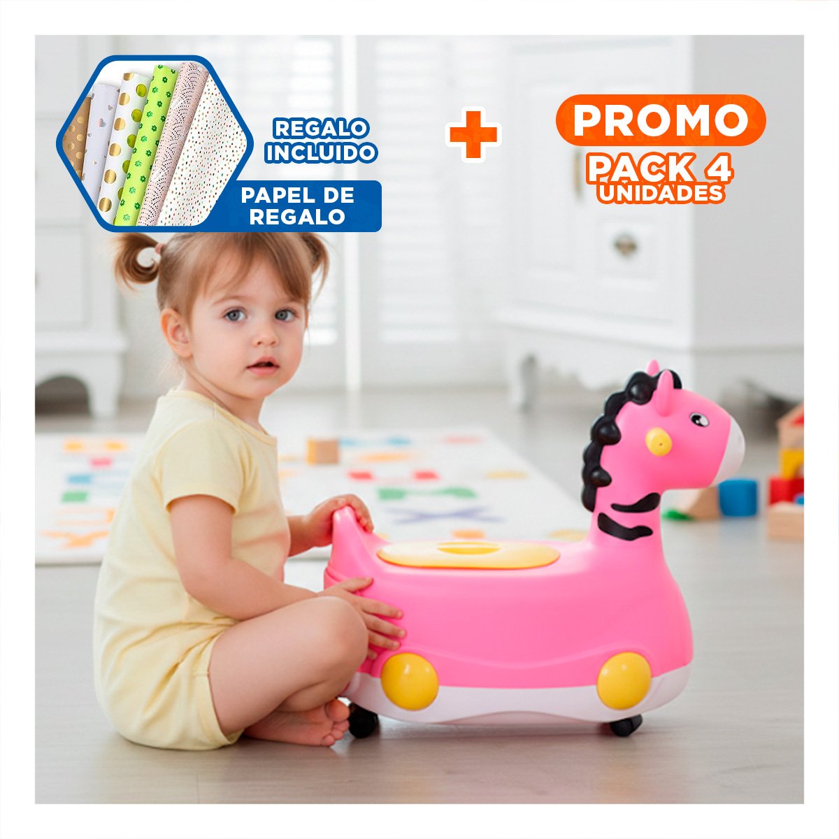 PACK4 TINA INFANTIL JIRAFA CON RUEDAS ROSADO LIGERA Y MOVIL PARA HOGAR Y+PAPEL REGALO - 1