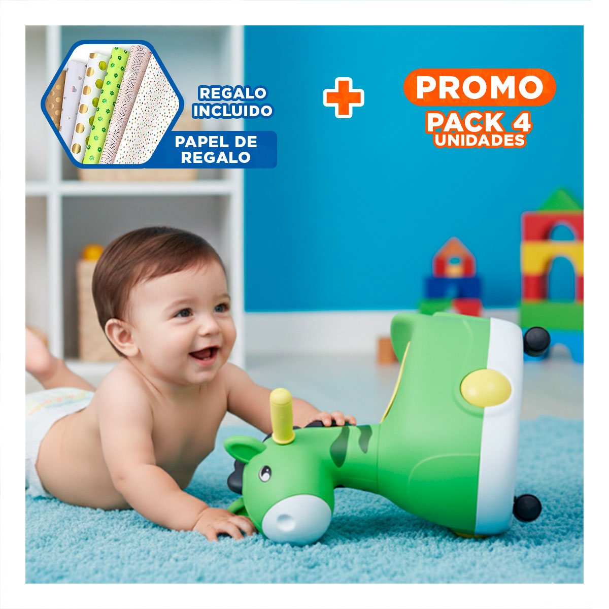 PACK4 TINA COMODA JIRAFA CON RUEDAS VERDE PRACTICA Y LIGERA PARA NINOS Y+PAPEL REGALO - 1