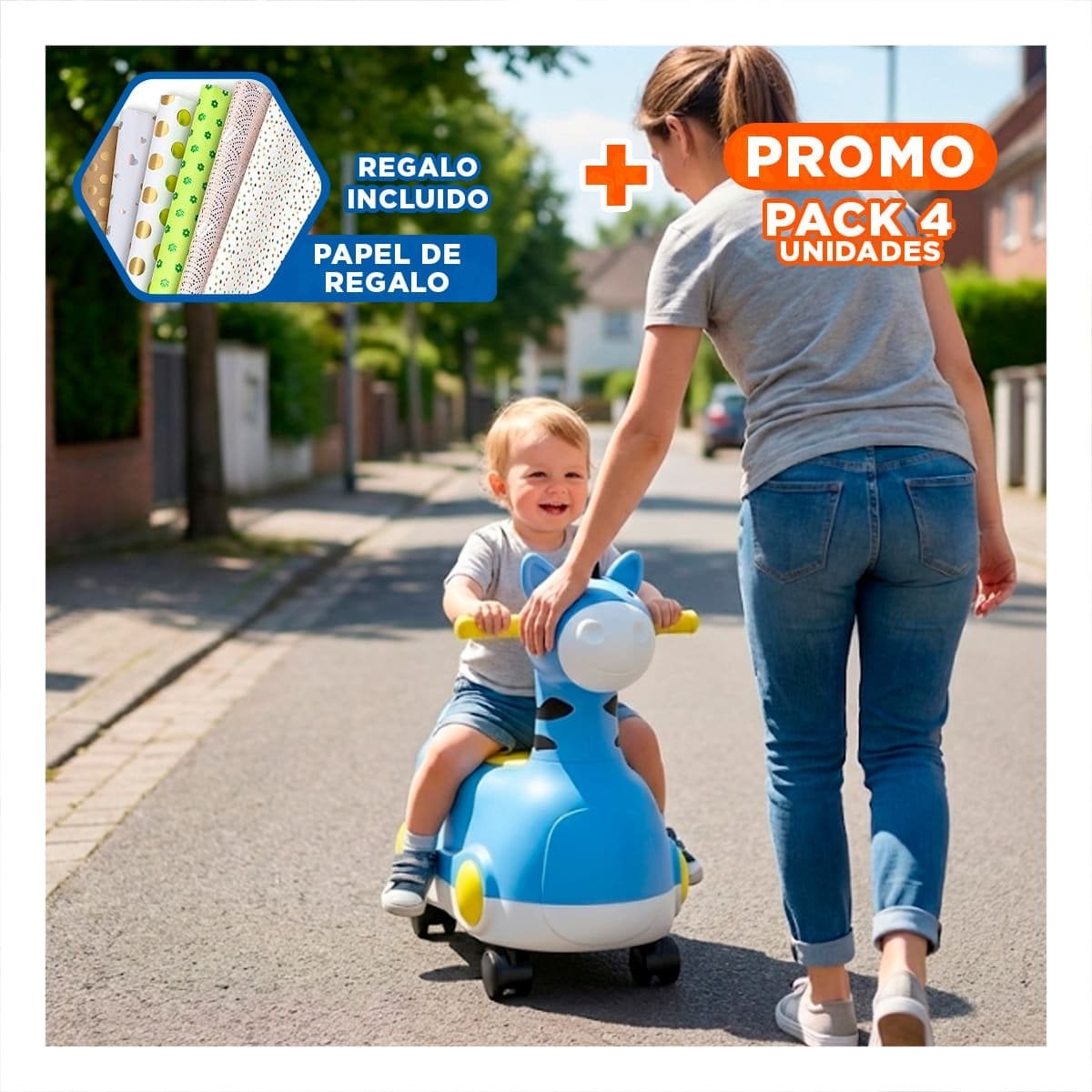 PACK4 BACIN MOVIL JIRAFA CON RUEDAS AZUL COMODO Y SEGURO PARA NINOS Y+PAPEL REGALO - 1
