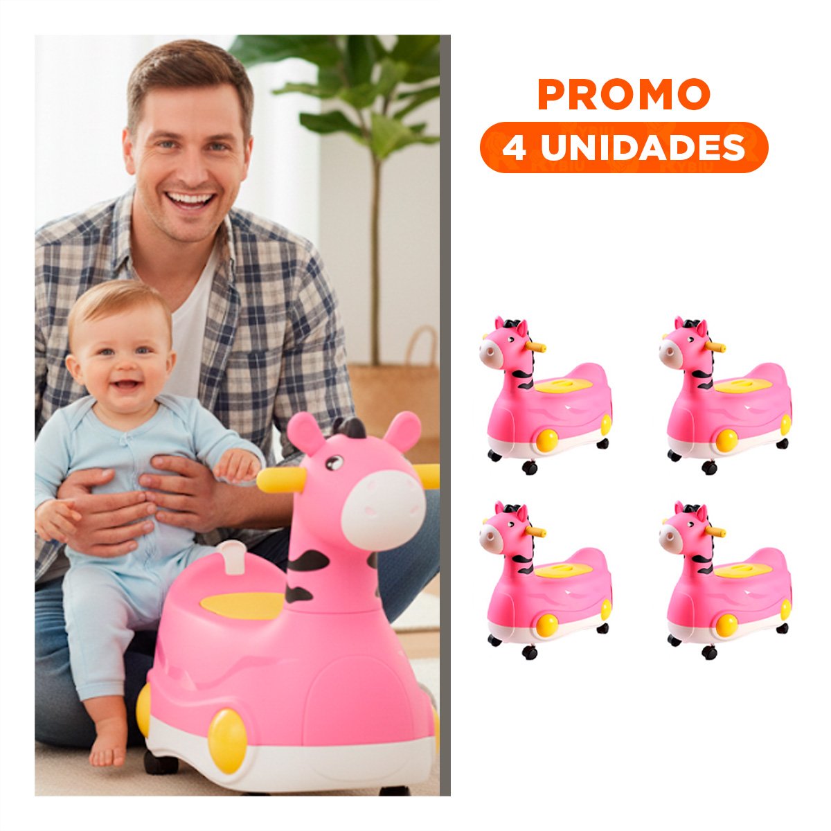 PACK4 BACIN MOVIL JIRAFA CON RUEDAS ROSADO COMODO Y FACIL DE MOVER Y+REGALO STICKER - 1