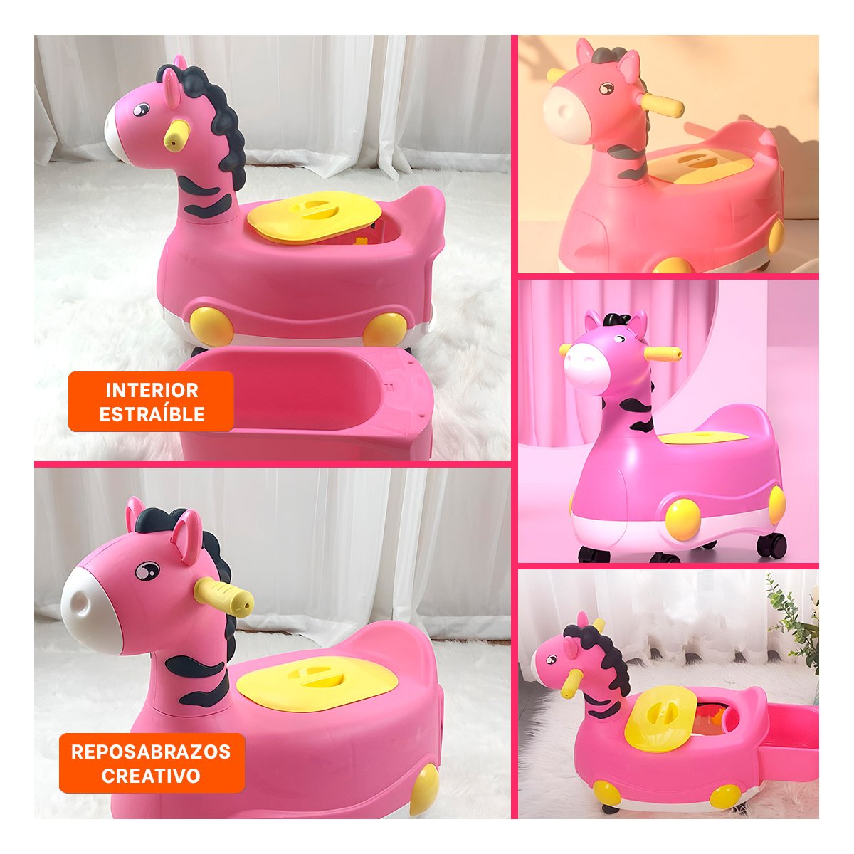 PACK4 BACIN MOVIL JIRAFA CON RUEDAS ROSADO COMODO Y FACIL DE MOVER Y+REGALO STICKER - 2