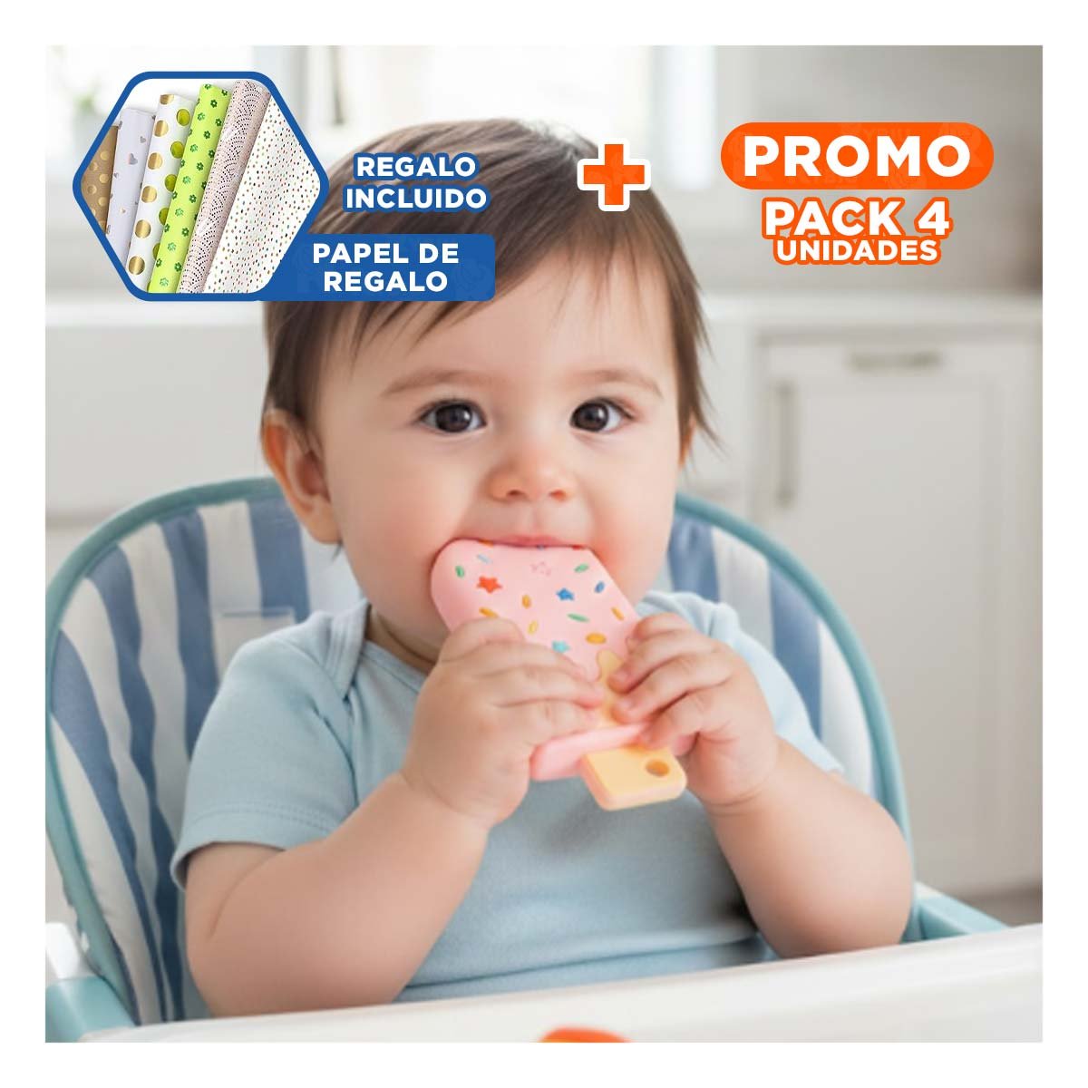 PACK4 SONAJERO DE SILICONA CON FORMA DE HELADO ROSADO CLARO RESISTENTE Y+PAPEL REGALO - 1