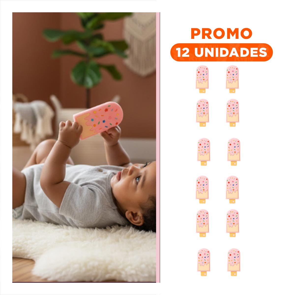 PACK12 CHUPETE DE SILICONA CON FORMA DE HELADO ROSADO CLARO FLEXIBLE Y+REGALO STICKER - 1