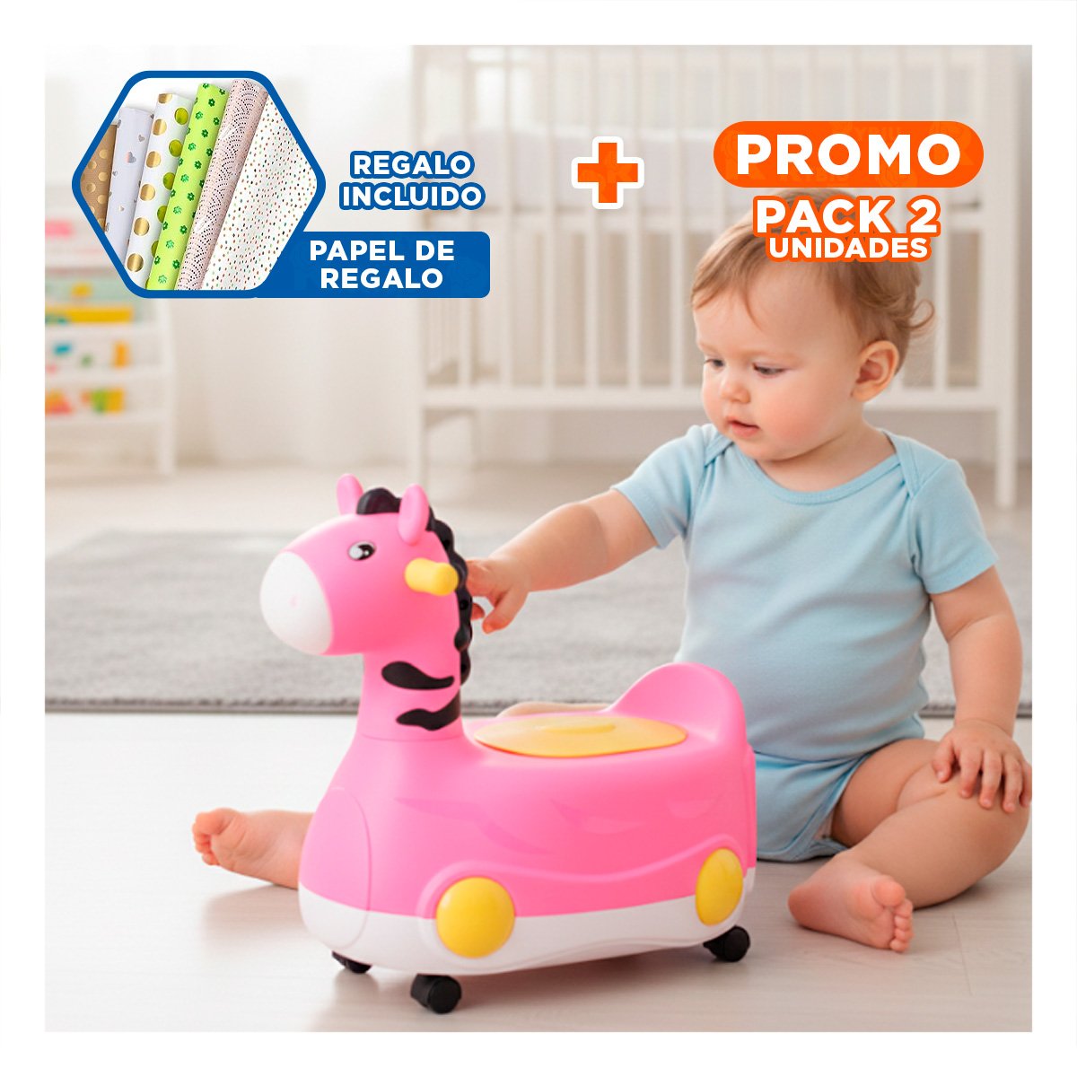 PACK2 CUBETA INFANTIL JIRAFA CON RUEDAS ROSADO LIGERA Y FACIL DE MOVER Y+PAPEL REGALO - 1