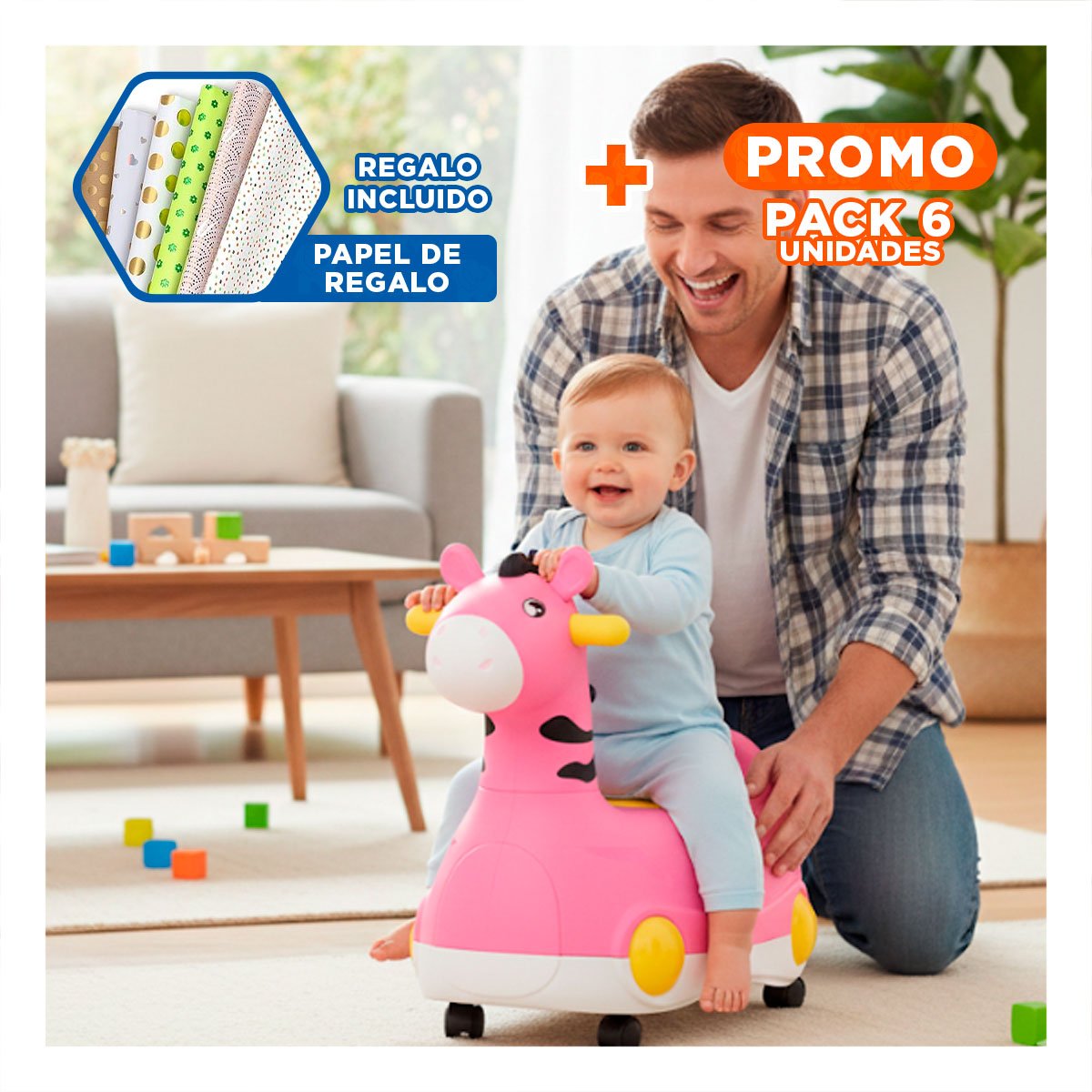 PACK6 CONTENEDOR MOVIL JIRAFA CON RUEDAS ROSADO FACIL Y COMODO PARA NINOS Y+PAPEL REGALO - 1