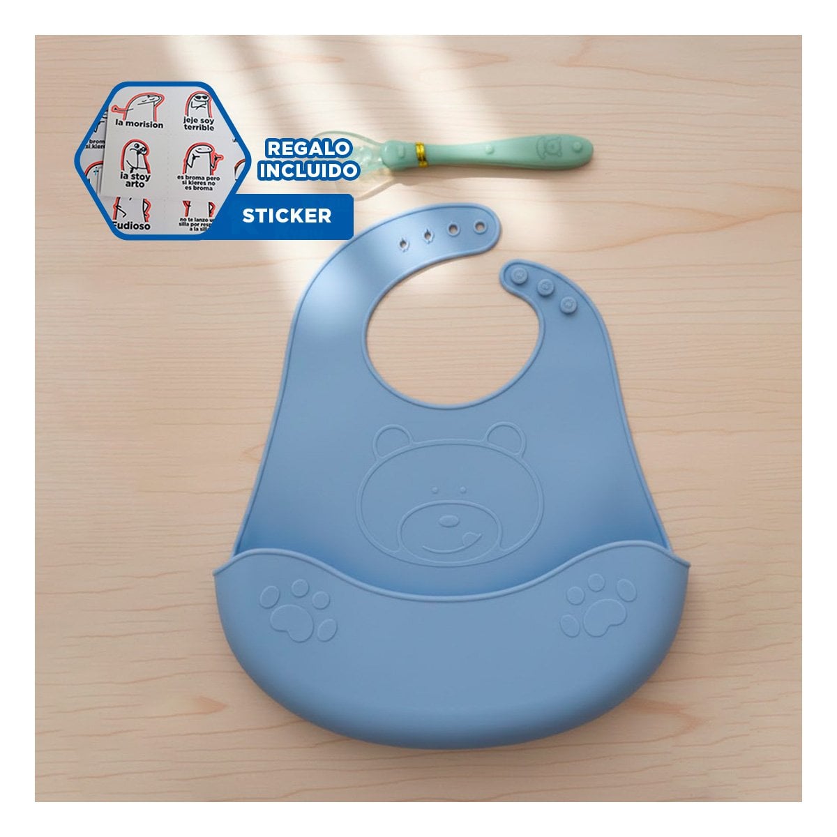 BABERO DE SILICONA CELESTE OSITO LIGERO Y FACIL DE USAR Y+REGALO STICKER - 1
