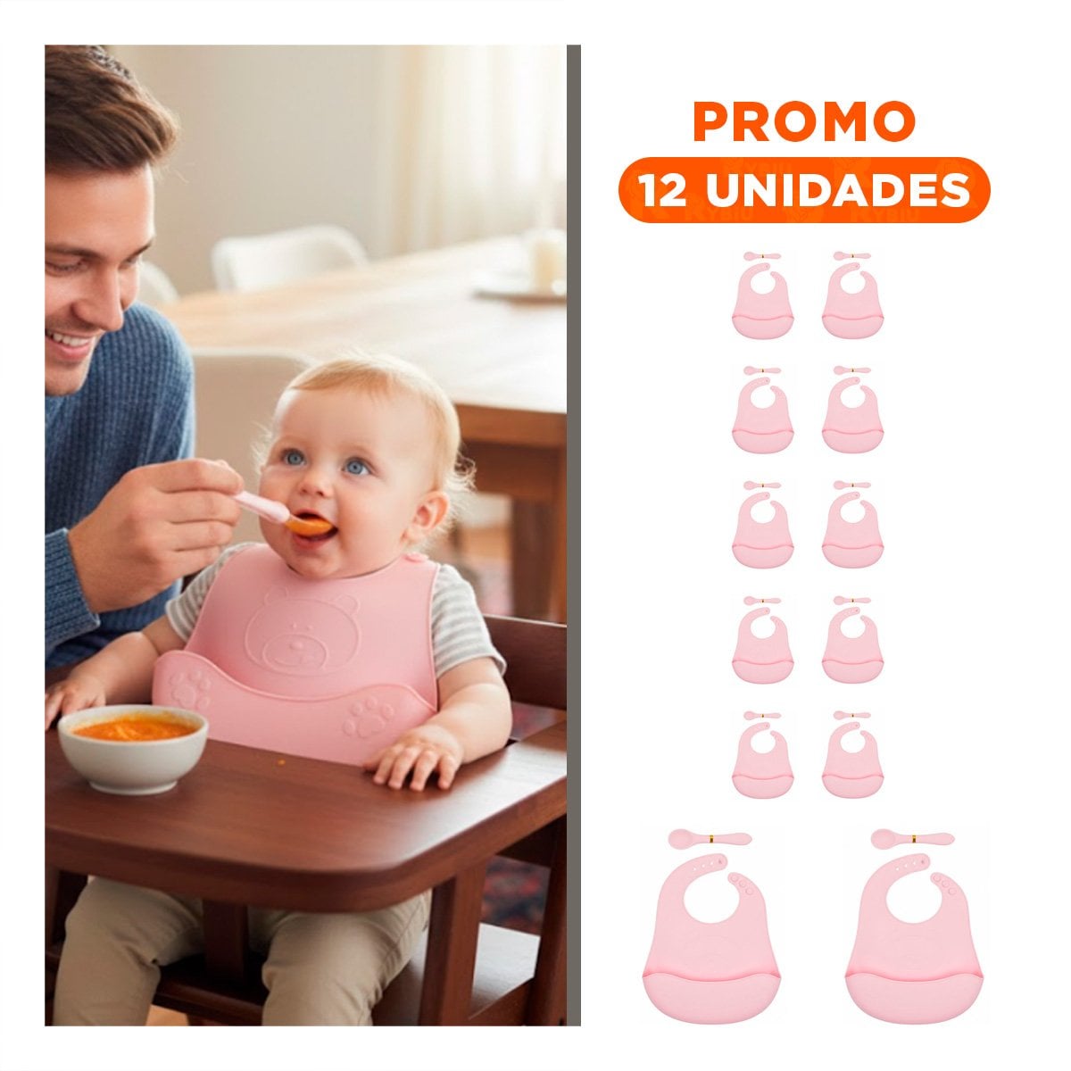 PACK12 DELANTAL CON CUCHARA DE SILICONA ROSADO OSITO SEGURO PARA MAMA Y+REGALO STICKER - 1