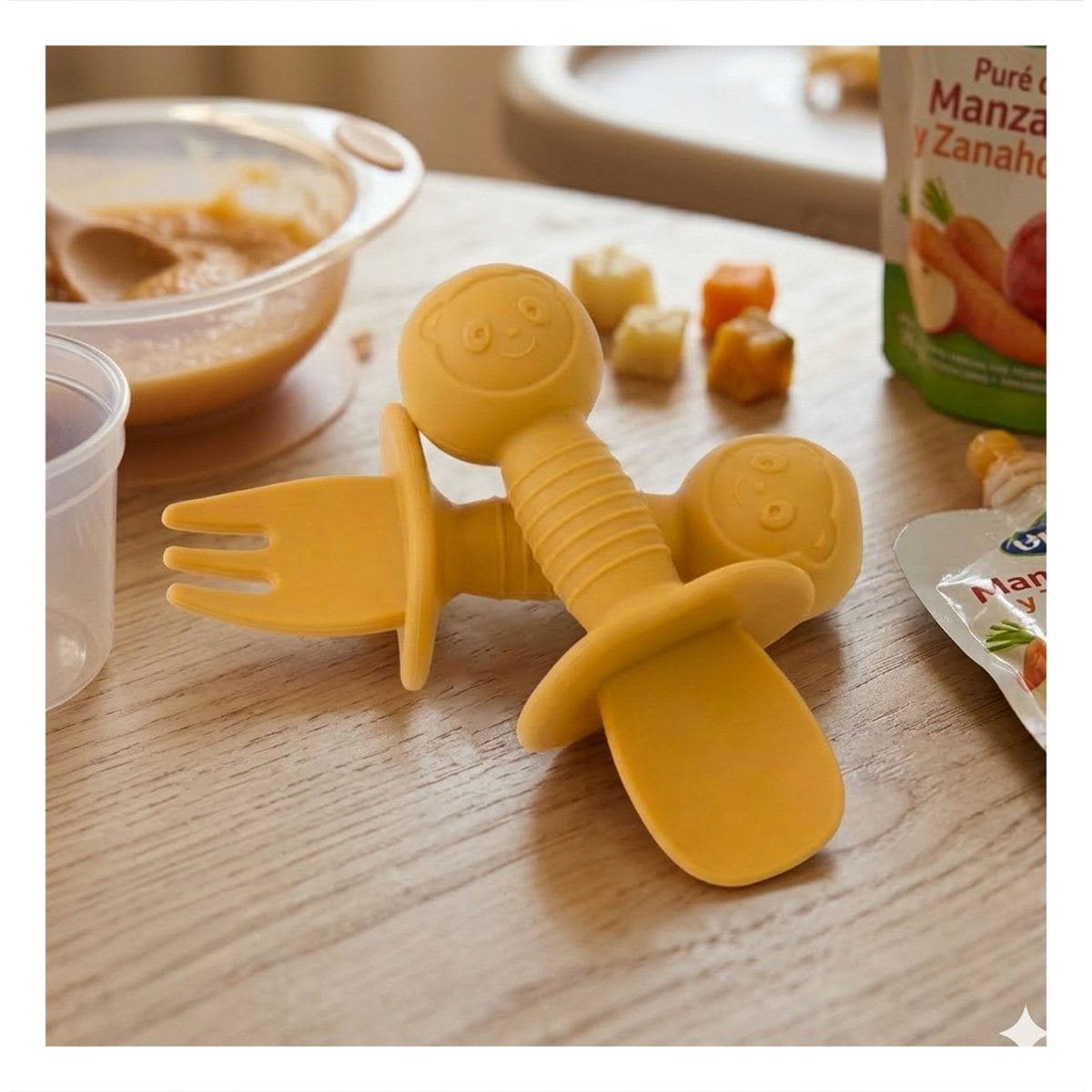 PACK2 COLECCION 2 PRE CUCHARA Y TENEDOR OSITO MANGO CORTO AMARILLO PARA NIÑOS Y+REGALO STICKER - 3