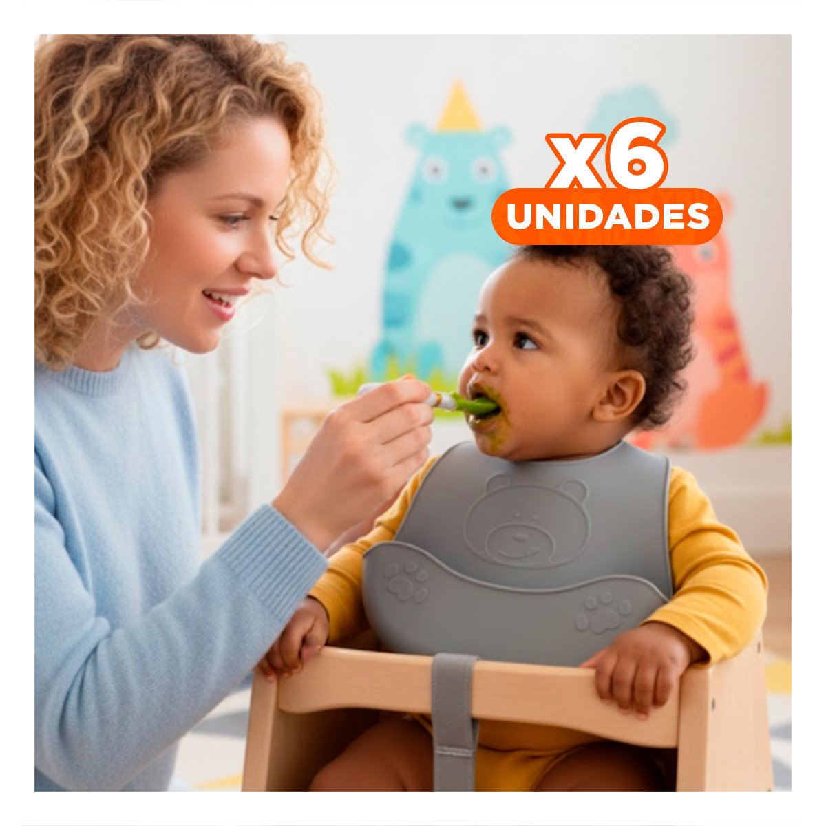 PACK6 DELANTAL CON CUCHARA DE SILICONA PLOMO OSITO RESISTENTE PARA BEBE Y+REGALO STICKER - 1