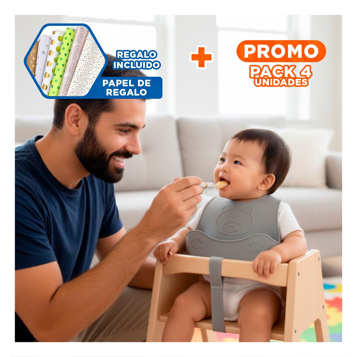 PACK4 PECHERA CON CUCHARA DE SILICONA PLOMO OSITO FACIL DE LIMPIAR Y SEGURA Y+PAPEL REGALO - 1