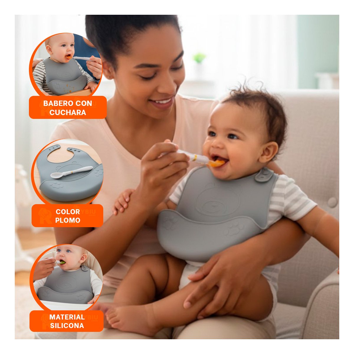 DELANTAL CON CUCHARA DE SILICONA PLOMO OSITO SEGURO Y DIVERTIDO PARA MAMA Y+LIGAS REGALO - 2