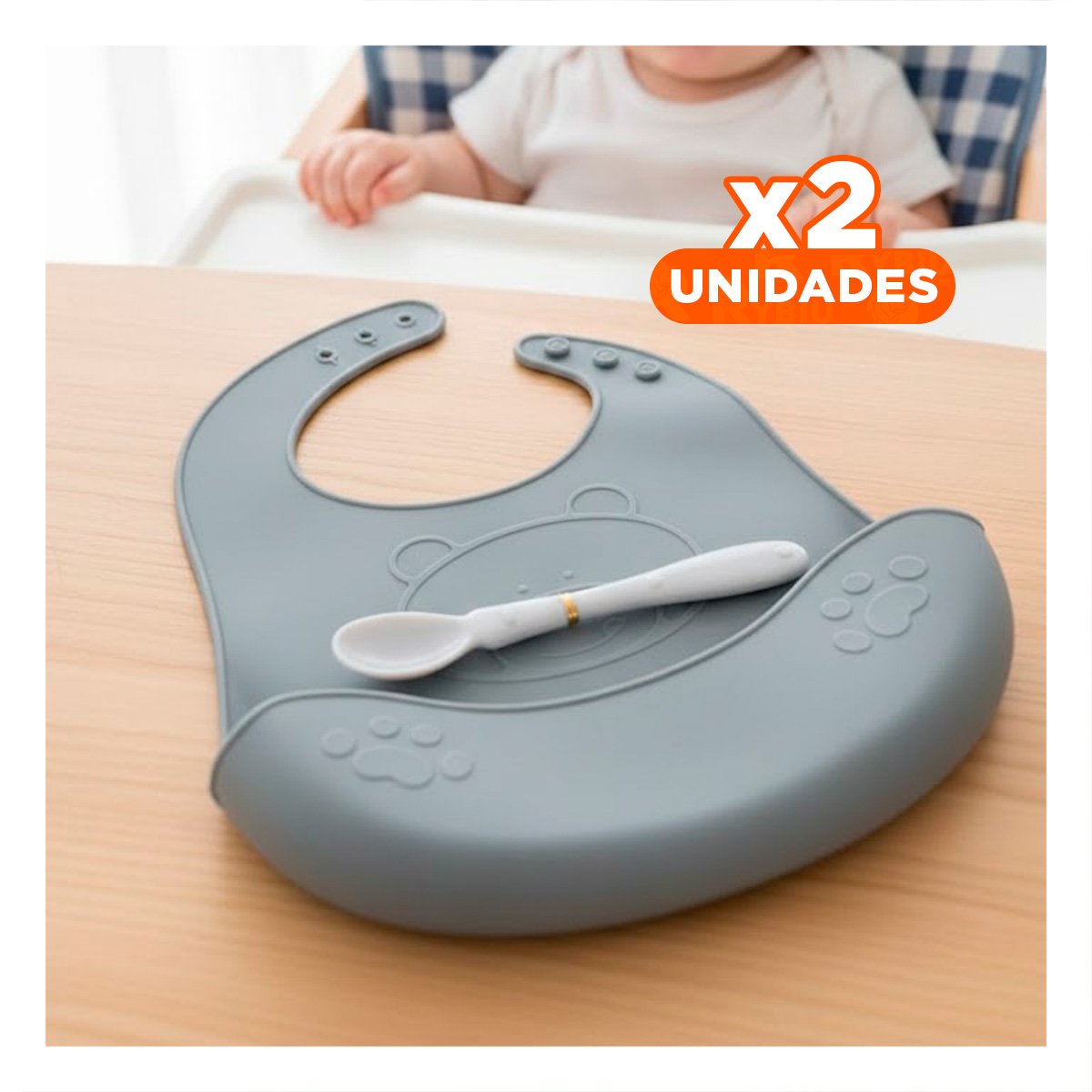 PACK2 BABERO CON CUCHARA DE SILICONA PLOMO OSITO SEGURO Y DIVERTIDO PARA BEBE Y+REGALO STICKER - 1