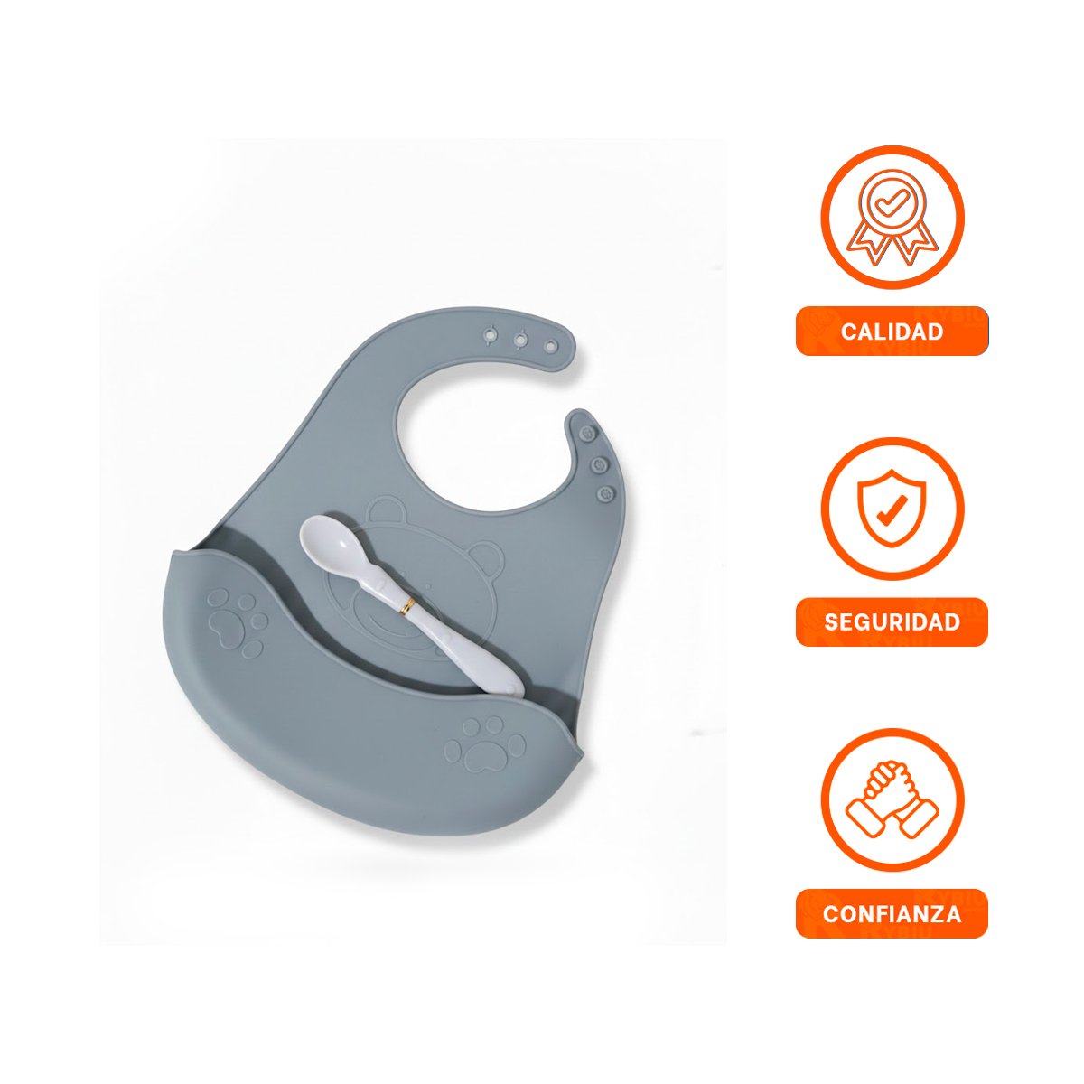 PROTECTOR CON CUCHARA DE SILICONA PLOMO OSITO DIVERTIDO Y SEGURO PARA BEBE - 3