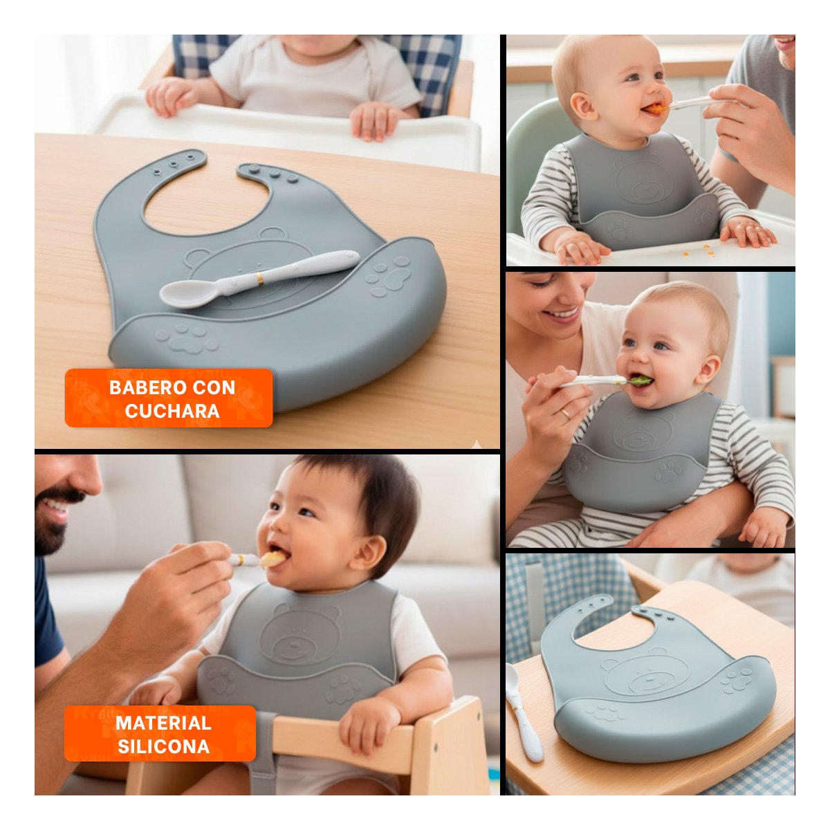 PROTECTOR CON CUCHARA DE SILICONA PLOMO OSITO DIVERTIDO Y SEGURO PARA BEBE - 5