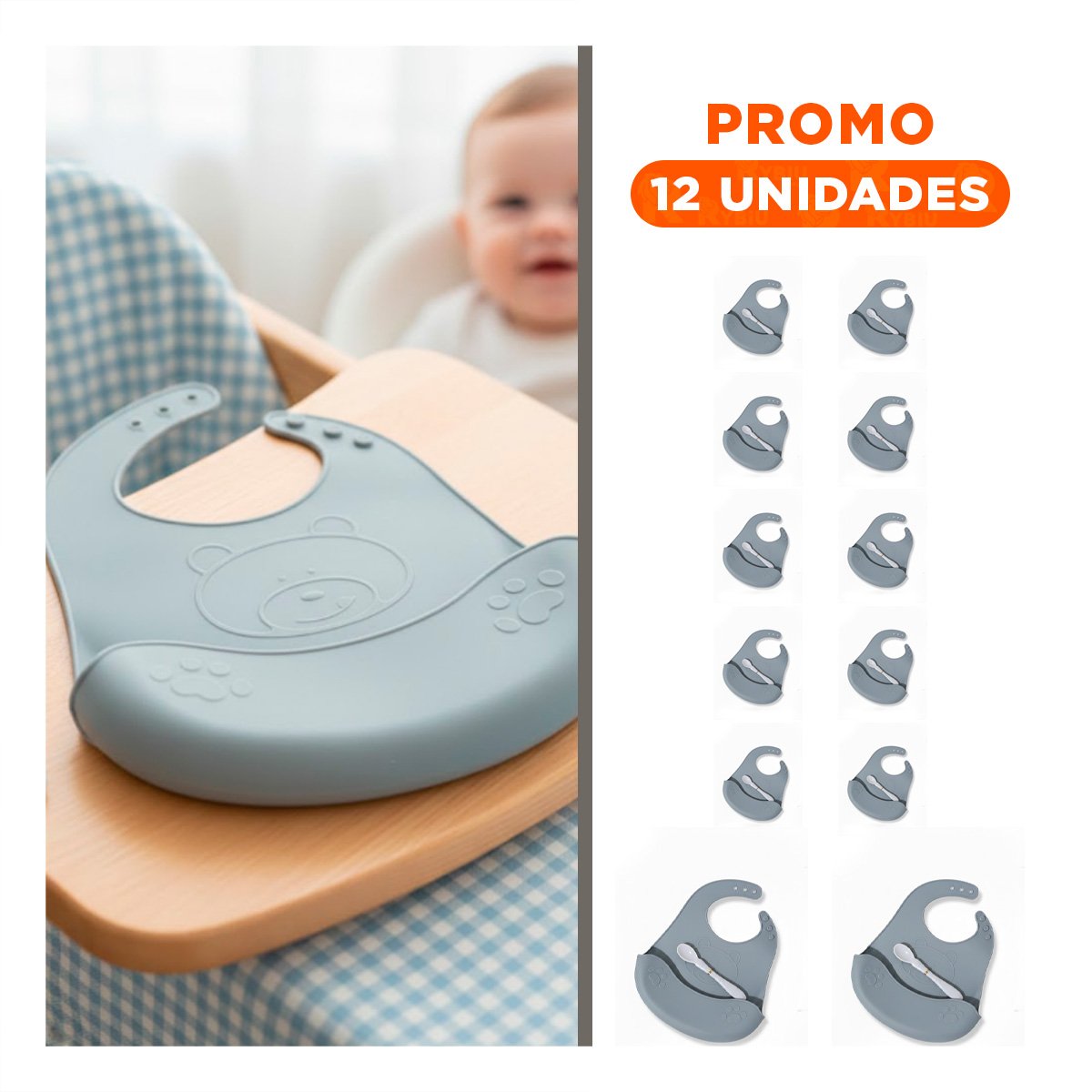PACK12 GUARDAPECHOS CON CUCHARA DE SILICONA PLOMO OSITO DIVERTIDO Y+REGALO STICKER - 1