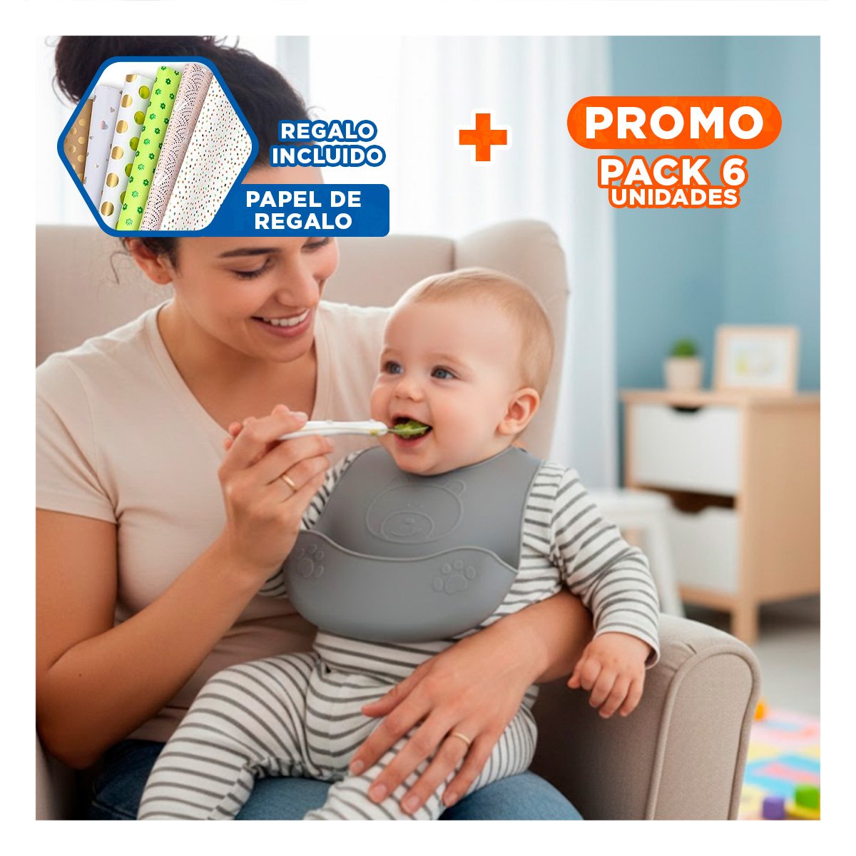 PACK6 BABERO CON CUCHARA DE SILICONA PLOMO OSITO DIVERTIDO Y FACIL DE PONER Y+PAPEL REGALO - 1