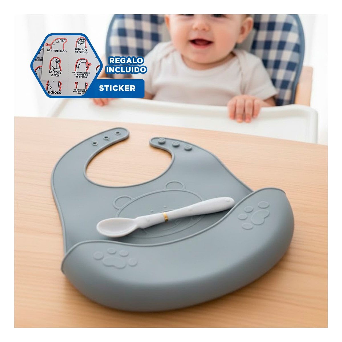 BABERO CON CUCHARA DE SILICONA PLOMO OSITO LIGERO Y RESISTENTE PARA BEBE Y+REGALO STICKER - 1