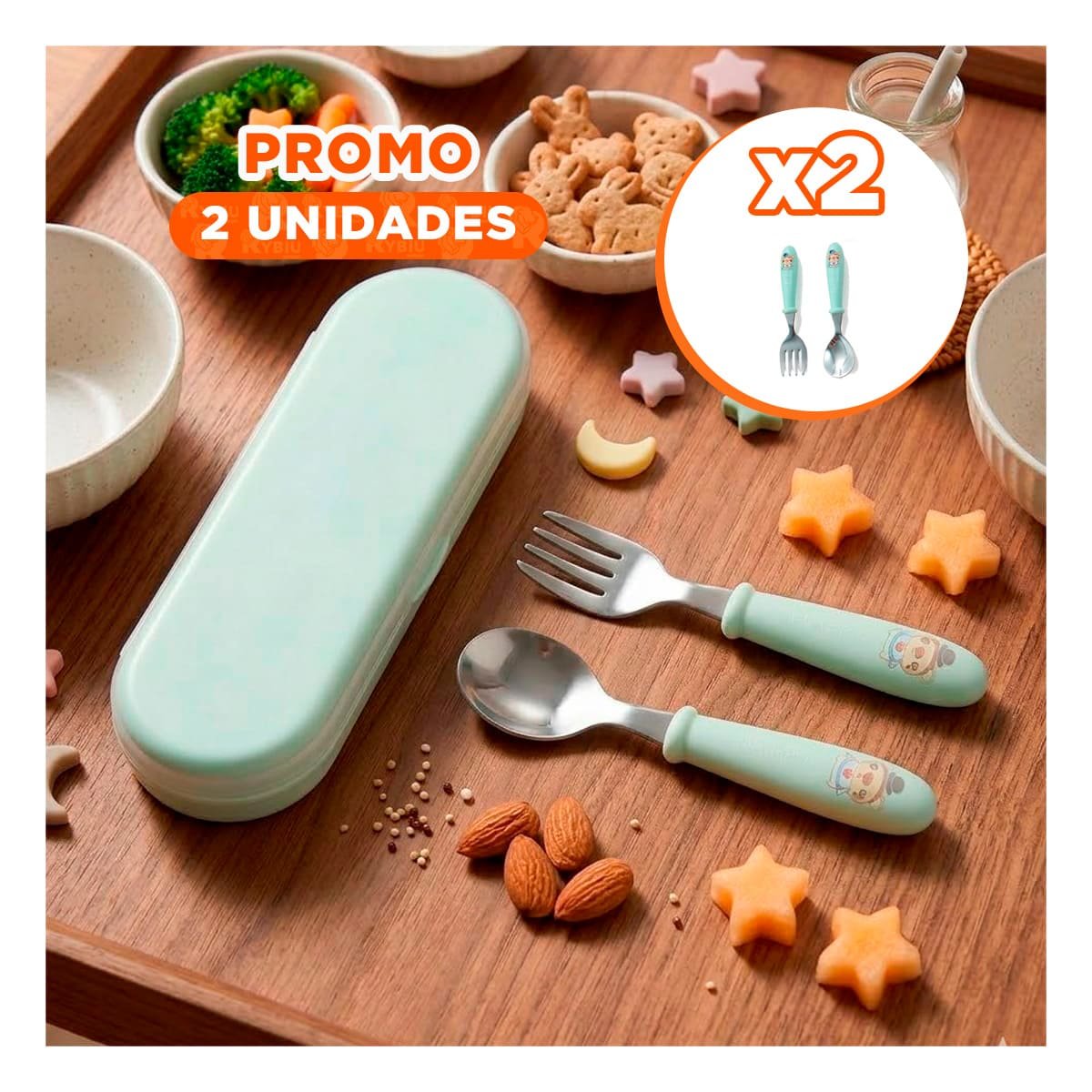 PACK2 CONJUNTO INFANTIL CHANCHO CON ESTUCHE PLASTICO CUCHARA Y TENEDOR VERDE Y+REGALO STICKER - 1