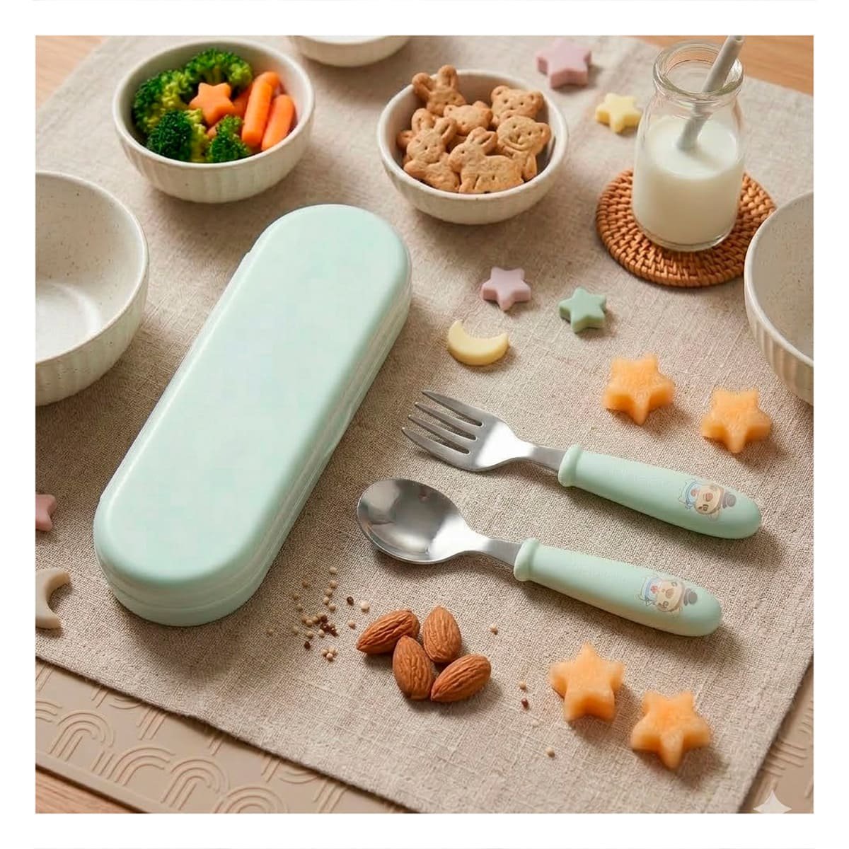 PACK2 CONJUNTO INFANTIL CHANCHO CON ESTUCHE PLASTICO CUCHARA Y TENEDOR VERDE Y+REGALO STICKER - 5
