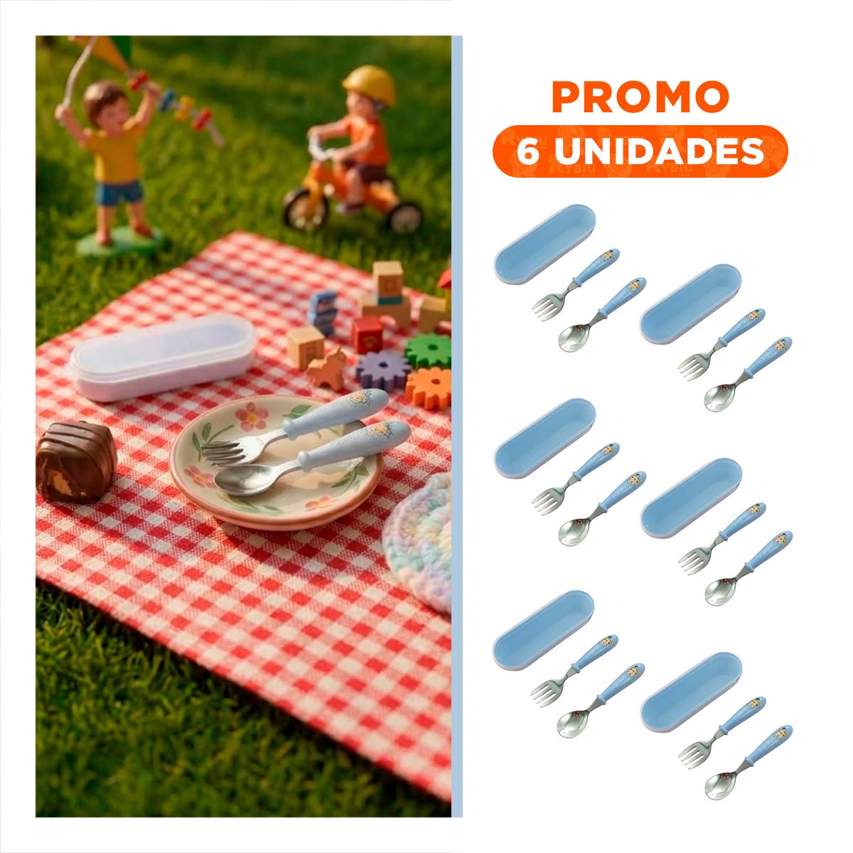 PACK6 SET ESCOLAR CHANCHO HAPPY CON ESTUCHE COMPACTO CUCHARA Y TENEDOR CELESTE - 1