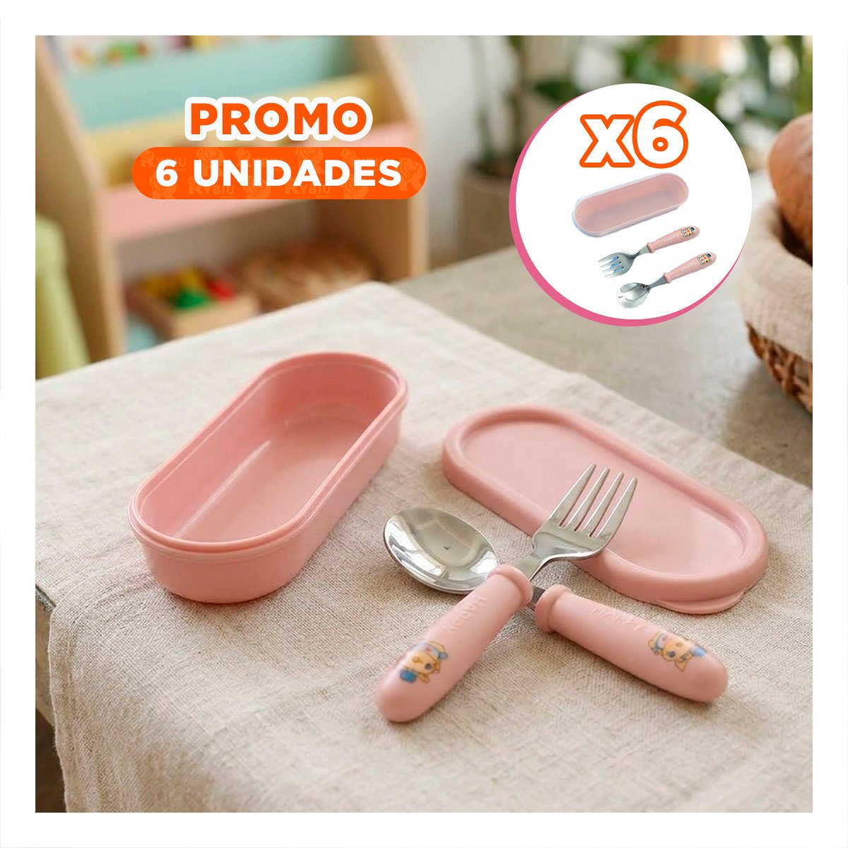 PACK6 PACK DE CUBIERTOS CHANCHO CON ESTUCHE PROTECTOR MELON Y+REGALO STICKER - 1