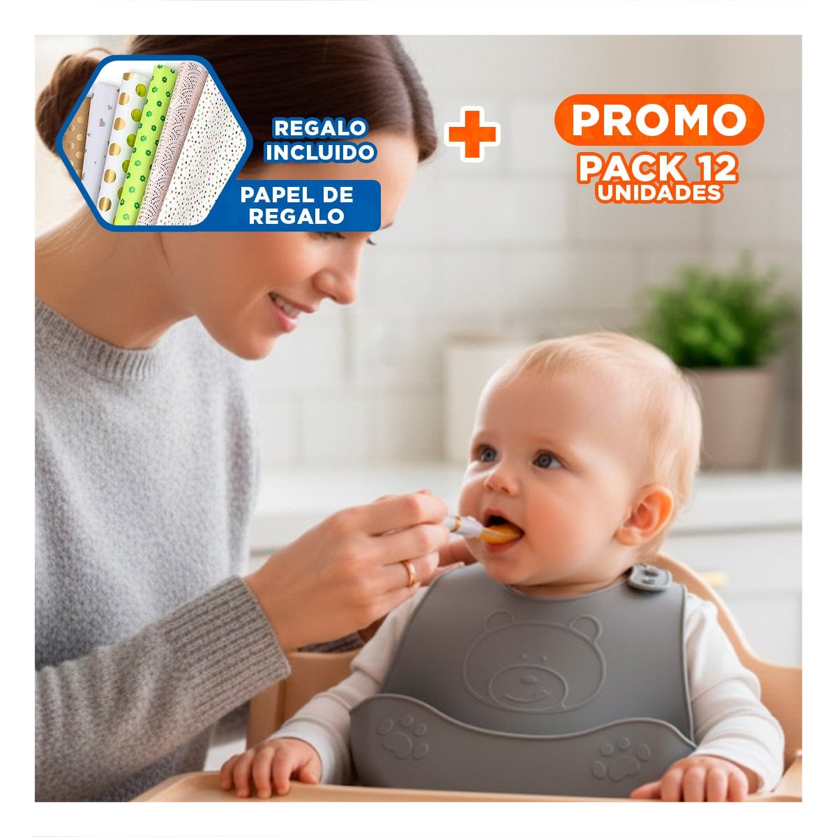 PACK12 PROTECTOR CON CUCHARA DE SILICONA PLOMO OSITO FACIL DE LIMPIAR Y SEGURO Y+PAPEL REGALO - 1