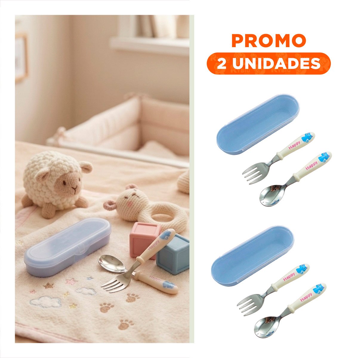 PACK2 KIT ESCOLAR GATO CON ESTUCHE PRACTICO CUCHARA Y TENEDOR COLOR BLANCO - 1