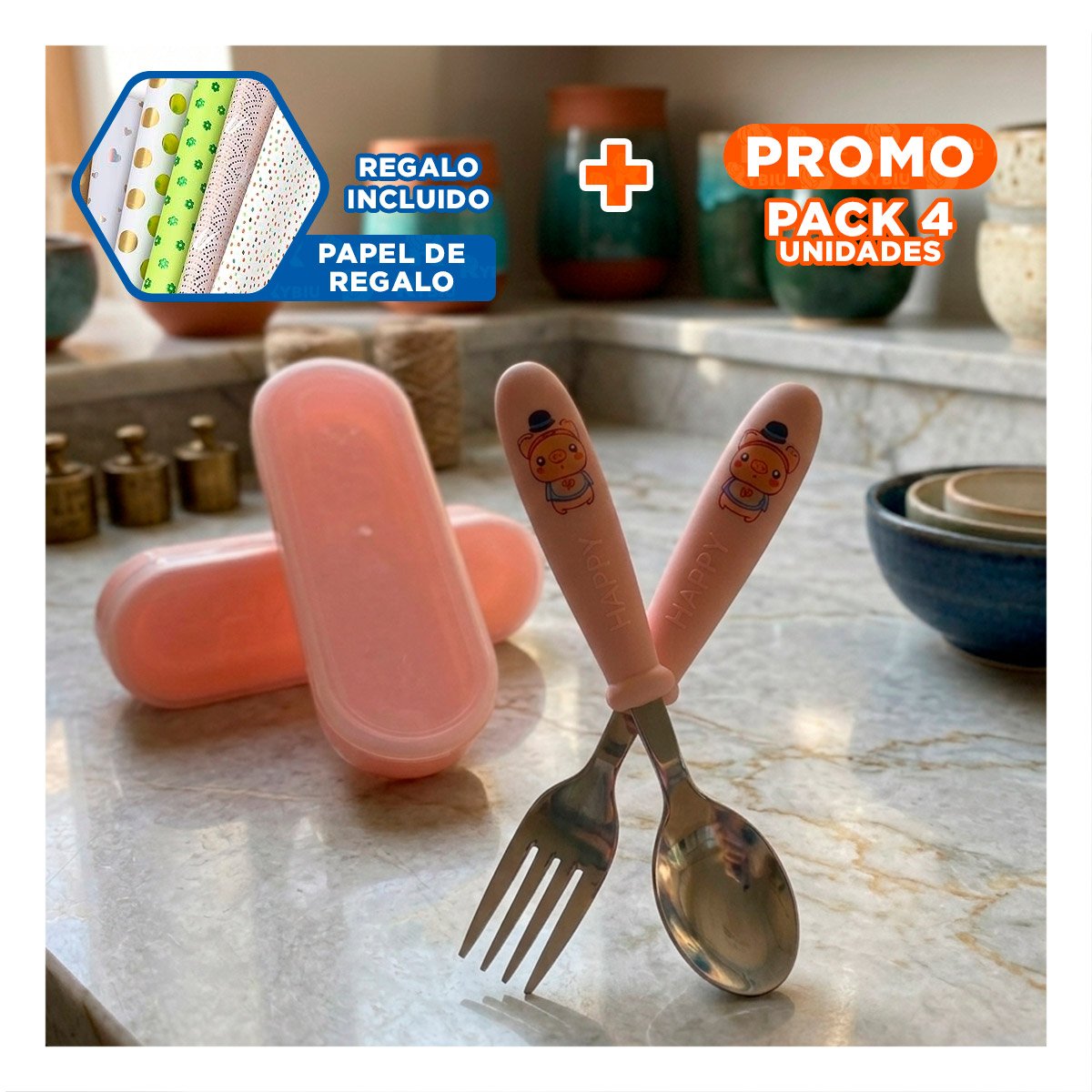 PACK4 KIT ESCOLAR CHANCHO CON CUCHARA Y TENEDOR ESTUCHE COLOR MELON Y+PAPEL REGALO - 1