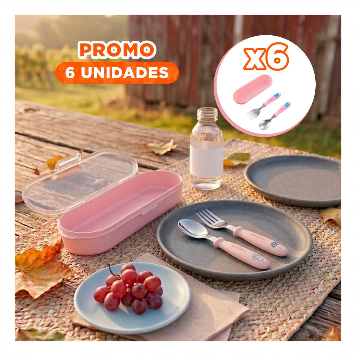 PACK6 PACK INFANTIL CON ESTUCHE PROTECTOR CUCHARA Y TENEDOR COLOR ROSADO Y+REGALO STICKER - 1