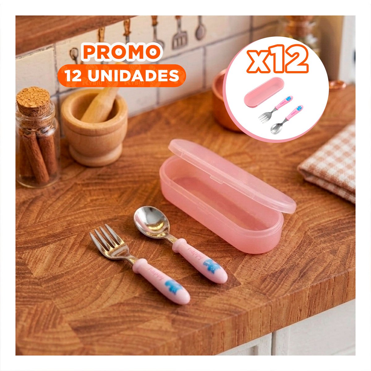 PACK12 SET DE CUBIERTOS GATO HAPPY ROSADO CON ESTUCHE PRACTICO - 1