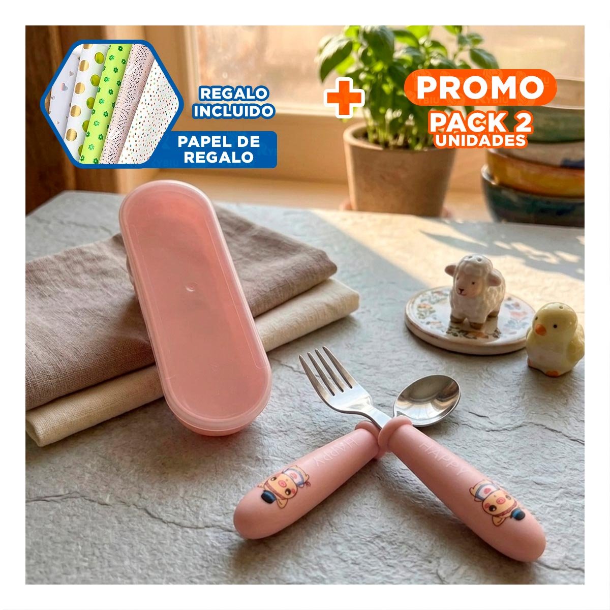PACK2 PACK DE CUCHARA Y TENEDOR CHANCHO HAPPY MELON CON ESTUCHE PRACTICO Y+PAPEL REGALO - 1