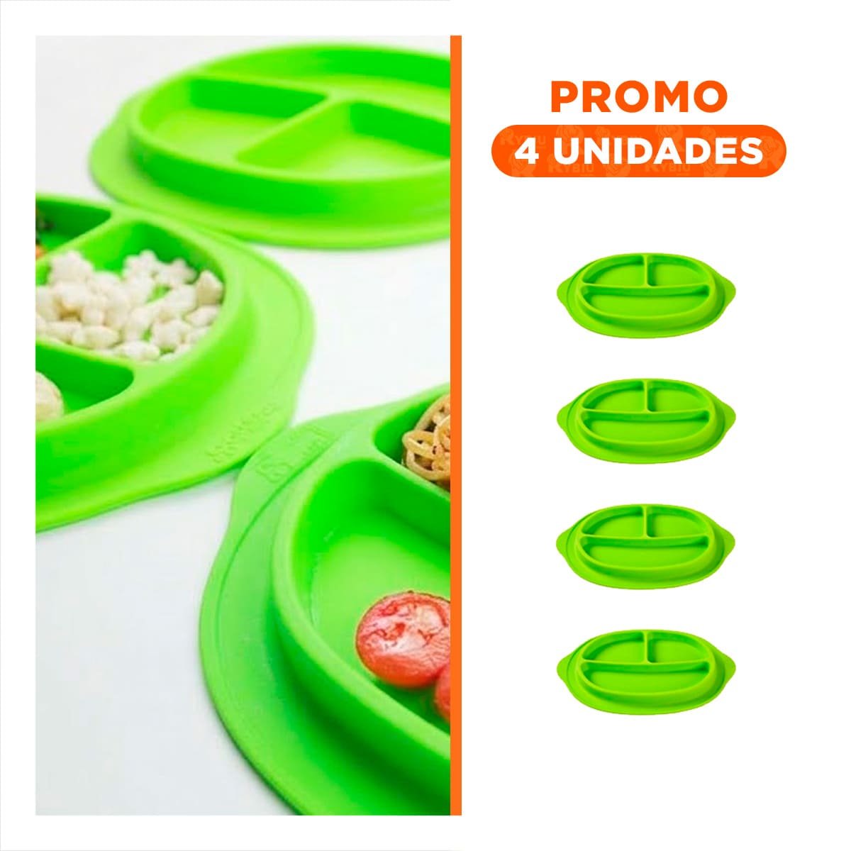 PACK4 FUENTE INFANTIL VERDE DE SILICONA CON CARITA FELIZ Y+REGALO STICKER - 1
