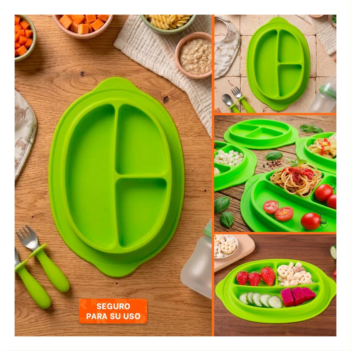 PACK4 FUENTE INFANTIL VERDE DE SILICONA CON CARITA FELIZ Y+REGALO STICKER - 2