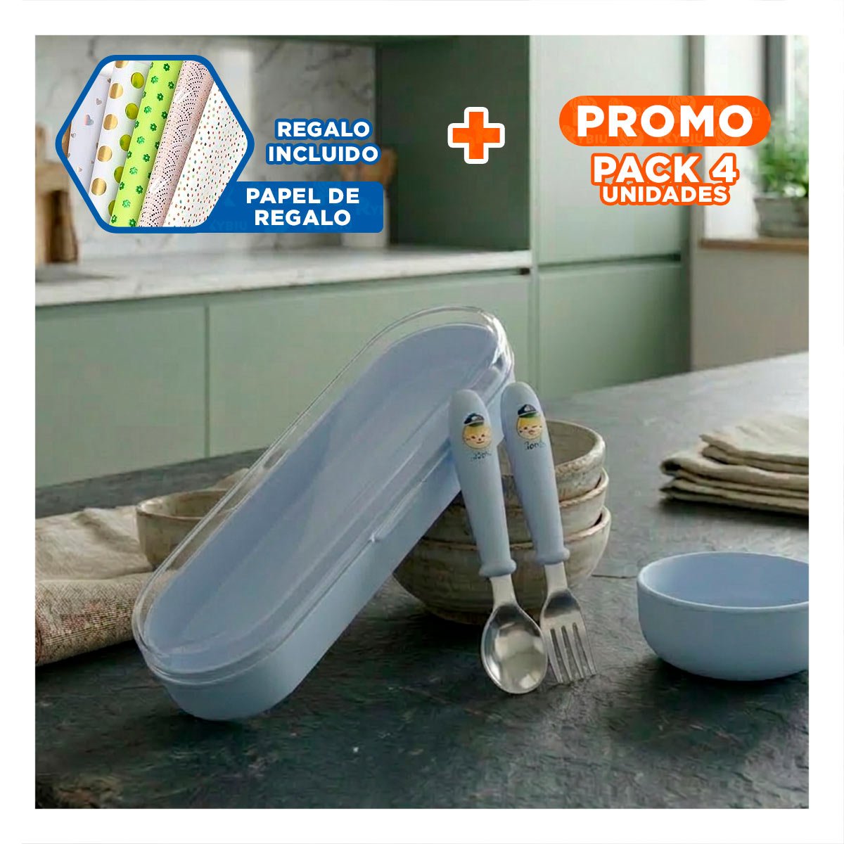 PACK4 KIT INFANTIL CHANCHO CON CUCHARA Y TENEDOR ESTUCHE COLOR CELESTE Y+PAPEL REGALO - 1