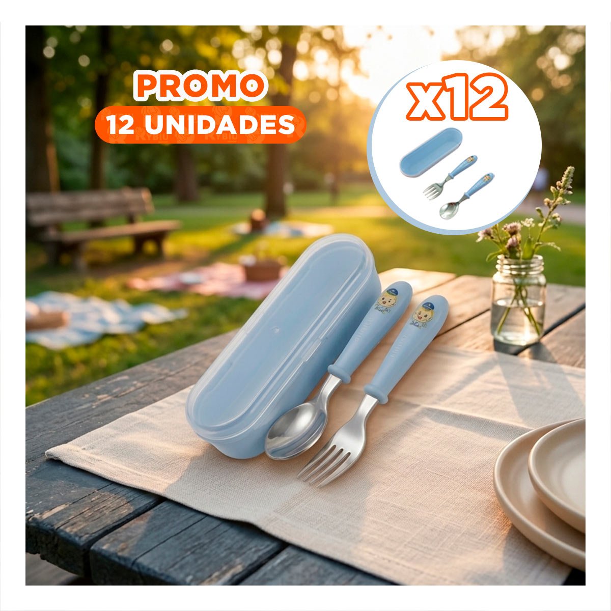 PACK12 SET DE CUBIERTOS CHANCHO HAPPY CELESTE CON ESTUCHE PRACTICO - 1
