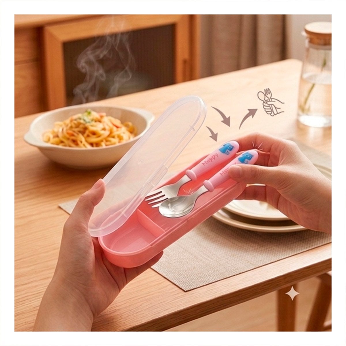 KIT DE CUBIERTOS GATO HAPPY ROSADO CON ESTUCHE COMPACTO Y+PAPEL REGALO - 3