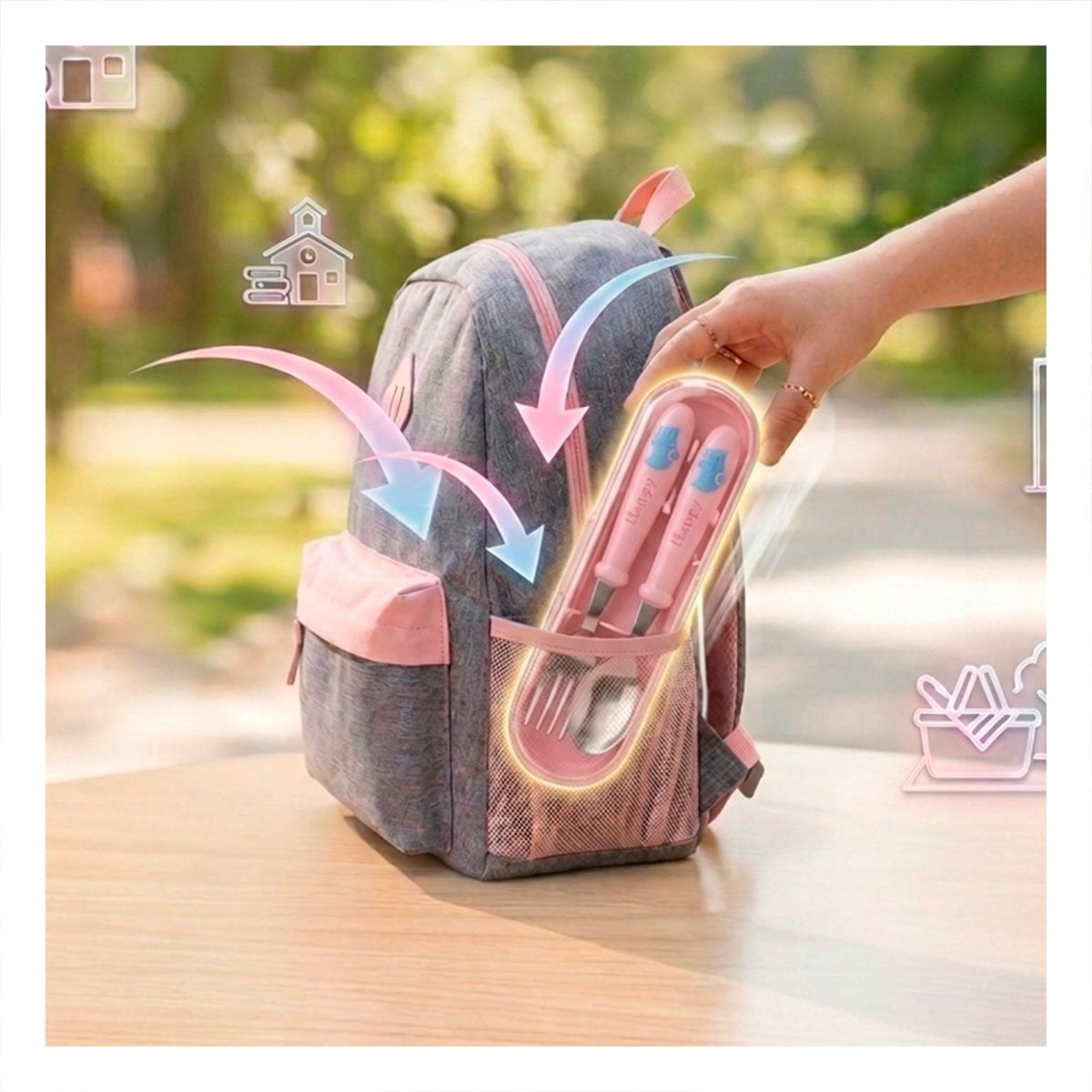 KIT DE CUBIERTOS GATO HAPPY ROSADO CON ESTUCHE COMPACTO Y+PAPEL REGALO - 5