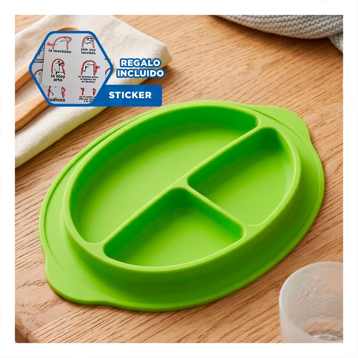 FUENTE DE SILICONA VERDE CON CARITA FELIZ Y 3 ESPACIOS Y+REGALO STICKER - 1