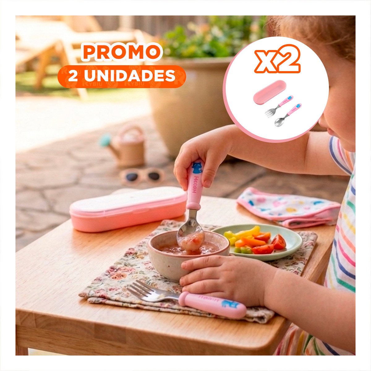 PACK2 CONJUNTO INFANTIL GATO CON ESTUCHE PLASTICO CUCHARA Y TENEDOR ROSADO Y+REGALO STICKER - 1