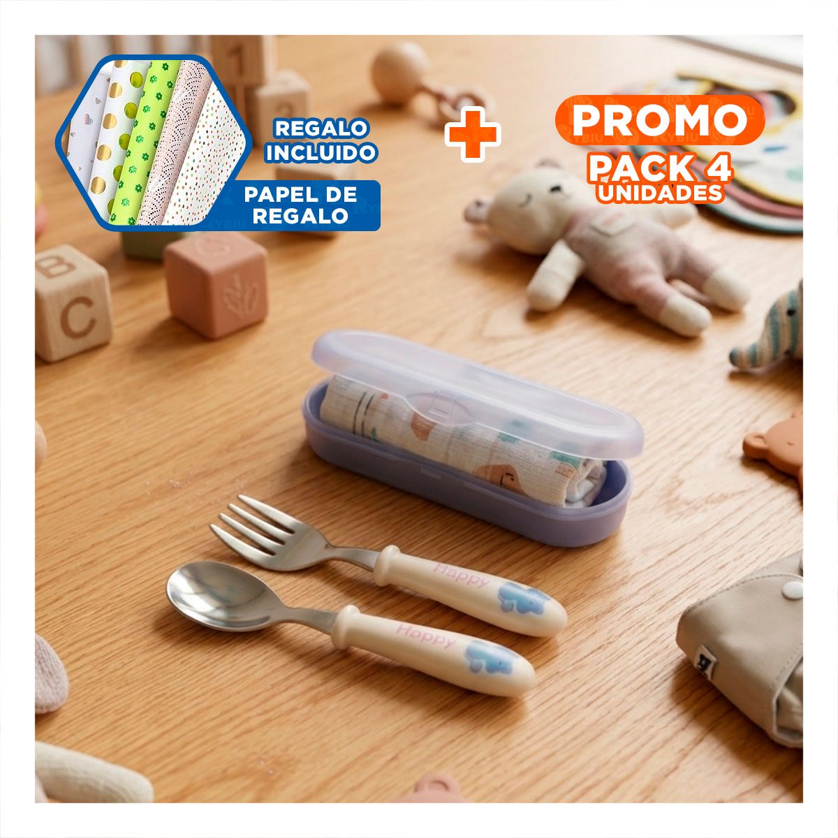 PACK4 KIT INFANTIL GATO CON CUCHARA Y TENEDOR ESTUCHE COLOR BLANCO Y+PAPEL REGALO - 1