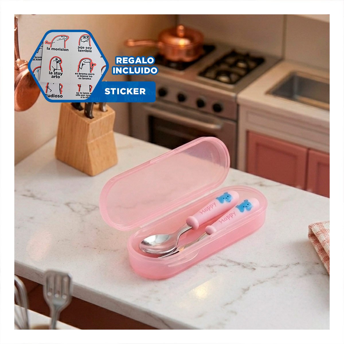 PACK ESCOLAR GATO CON CUCHARA Y TENEDOR ESTUCHE COLOR ROSADO Y+REGALO STICKER - 1