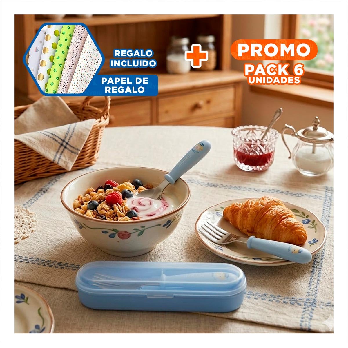 PACK6 KIT PORTATIL CHANCHO HAPPY CELESTE CON ESTUCHE HERMETICO Y+PAPEL REGALO - 1