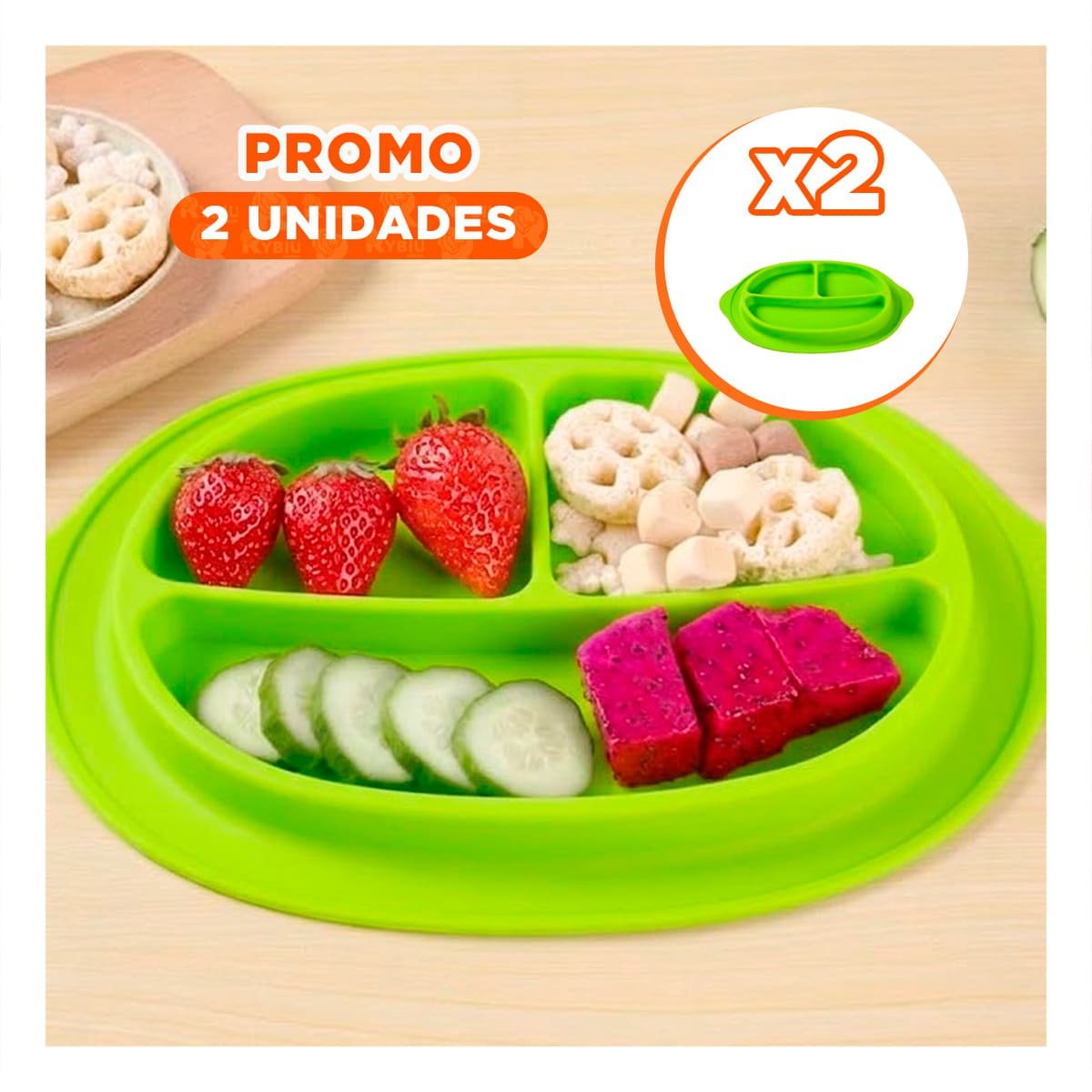 PACK2 FUENTE DE SILICONA CARITA FELIZ CON 3 DIVISIONES VERDE Y+PAPEL REGALO - 1