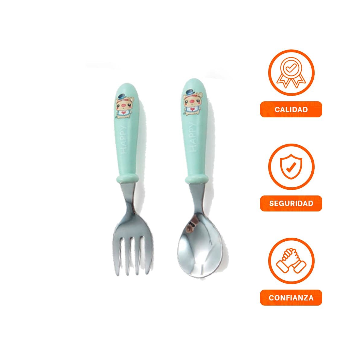 SET INFANTIL CHANCHO CON ESTUCHE SEGURO CUCHARA Y TENEDOR VERDE - 3