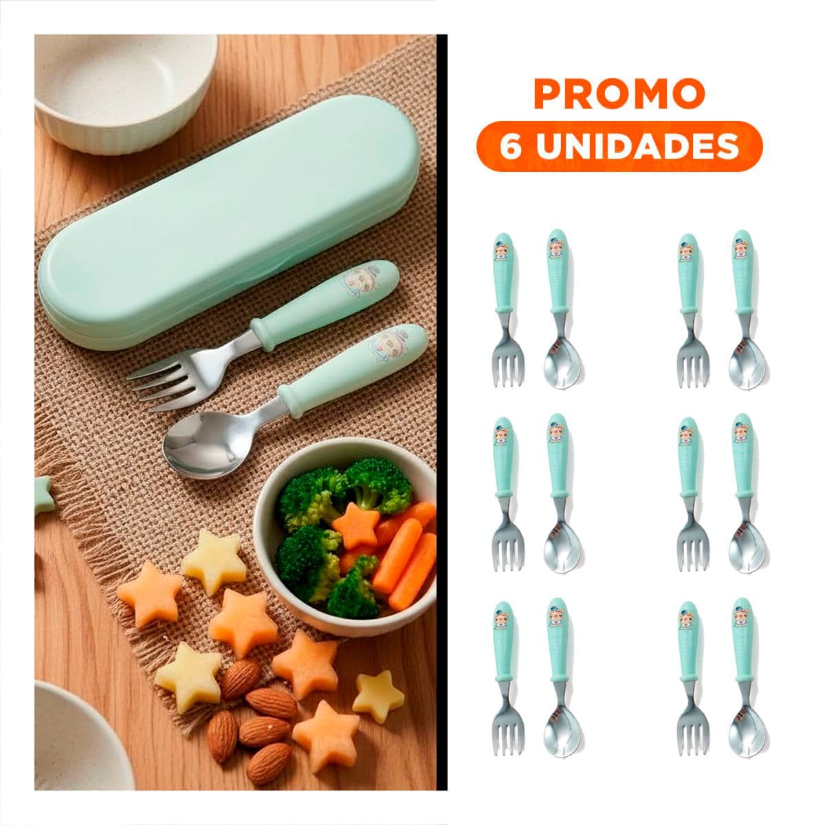 PACK6 SET ESCOLAR CHANCHO CON ESTUCHE COMPACTO CUCHARA Y TENEDOR VERDE - 1