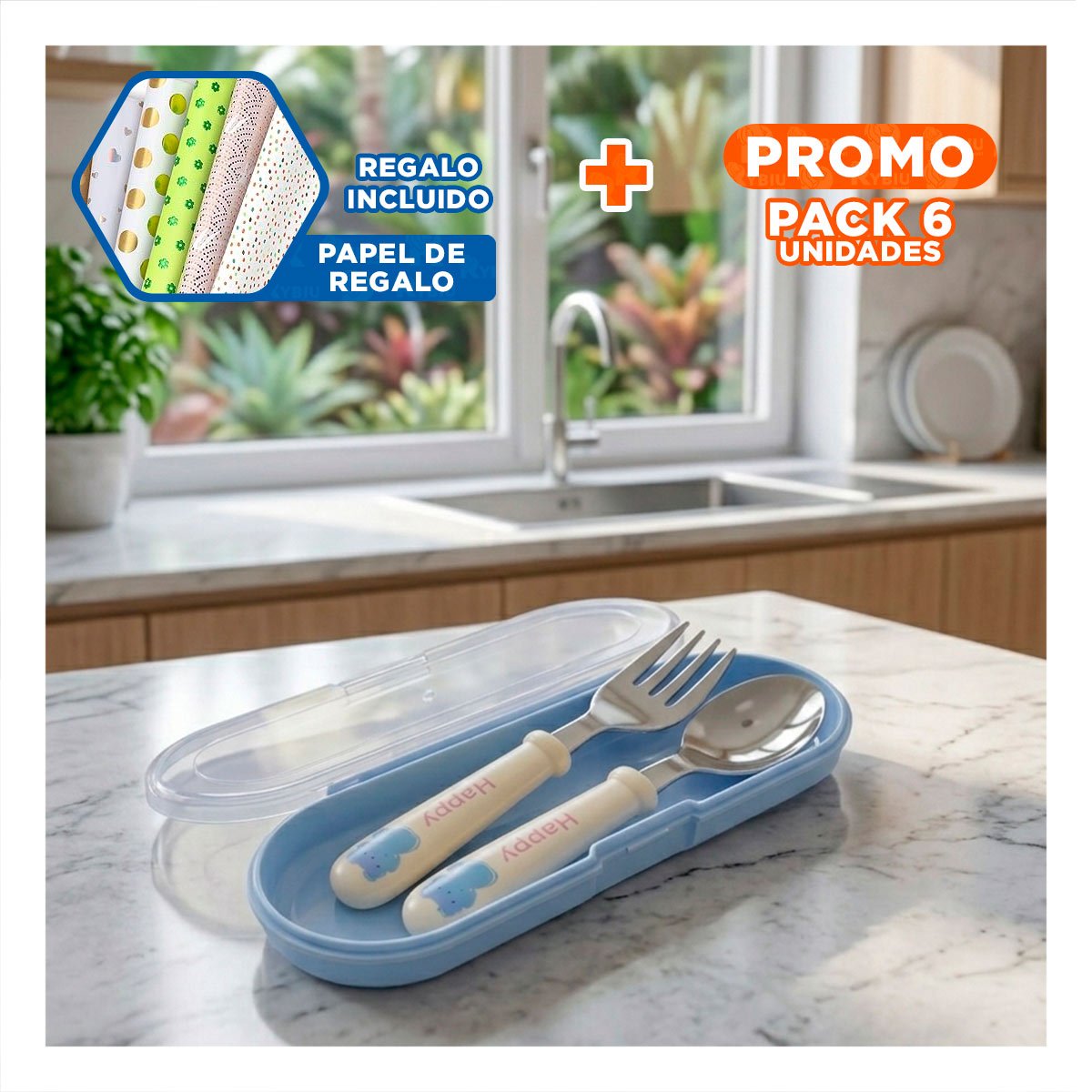 PACK6 KIT PORTATIL GATO HAPPY BLANCO CON ESTUCHE HERMETICO Y+PAPEL REGALO - 1