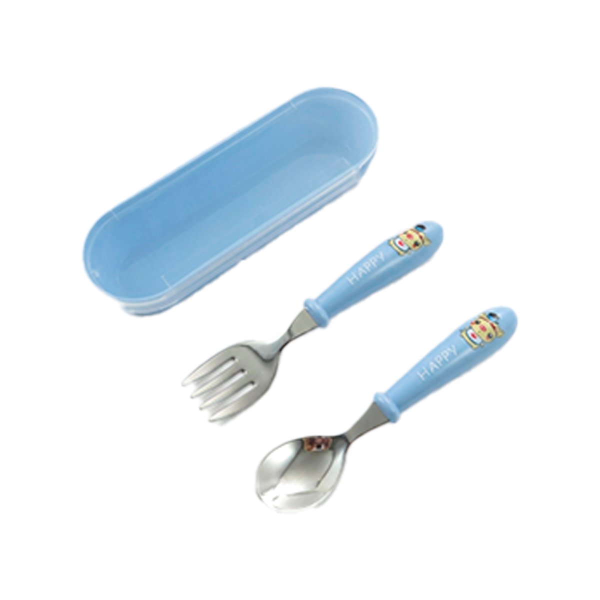 PACK2 CONJUNTO INFANTIL CHANCHO CON ESTUCHE PLASTICO CUCHARA Y TENEDOR CELESTE Y+REGALO STICKER - 2